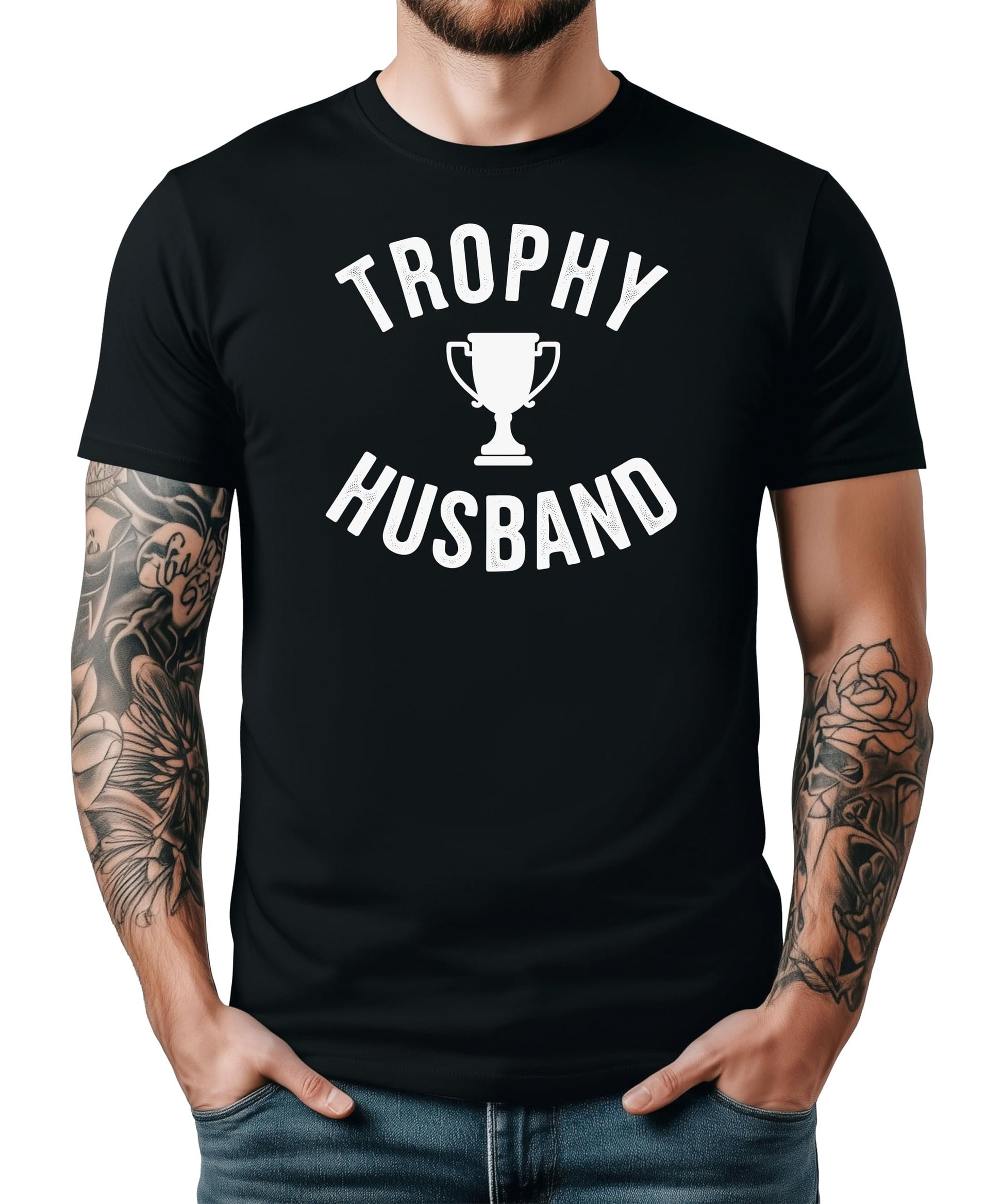 Trophy Husband men's t-shirt lifestyle shot on model
