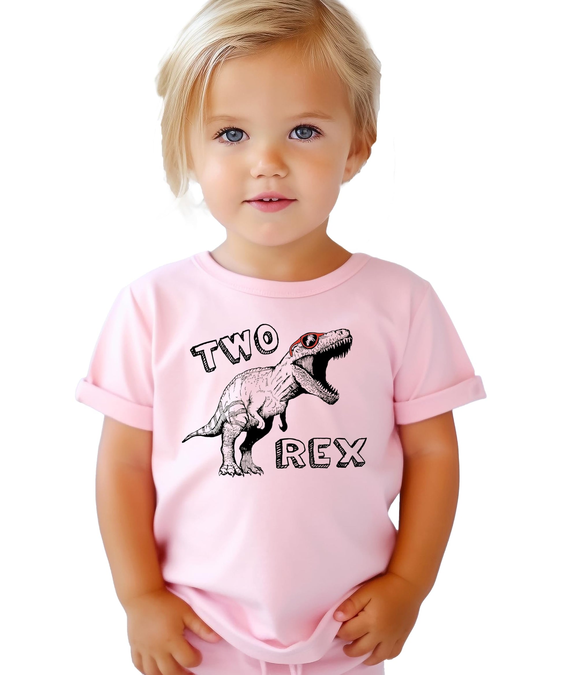 Detail shot of white T-Rex second birthday graphic on mauve toddler t-shirt