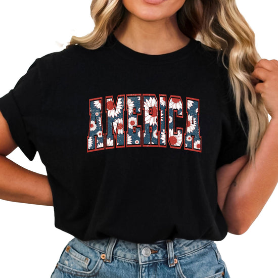 America sunflower shirt front view showing vibrant patriotic print on natural tee