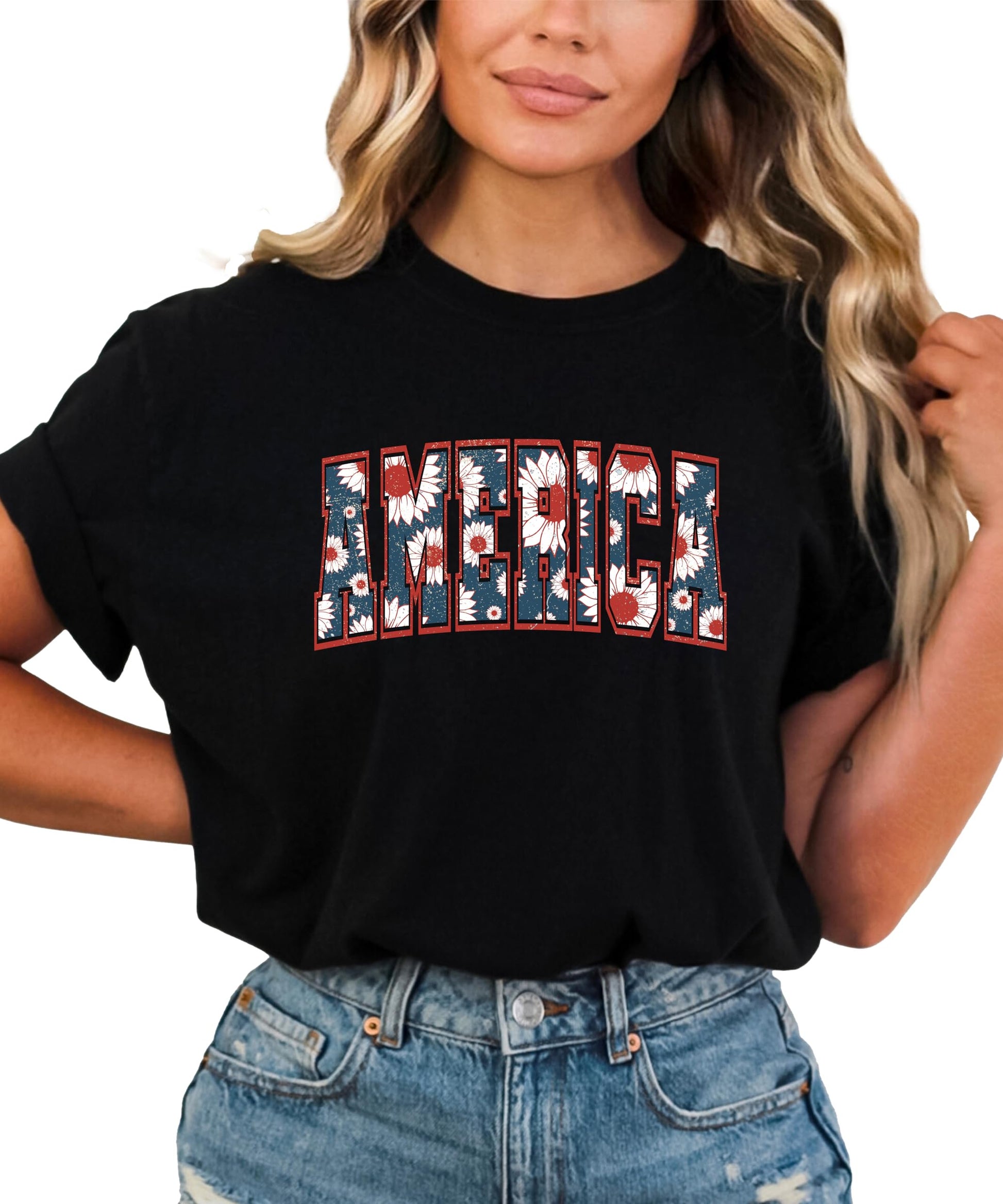 America sunflower shirt front view showing vibrant patriotic print on natural tee