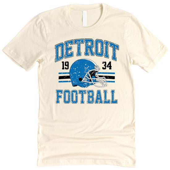 Full front view of unisex vintage Detroit football graphic tee showing complete 1934 design in team colors