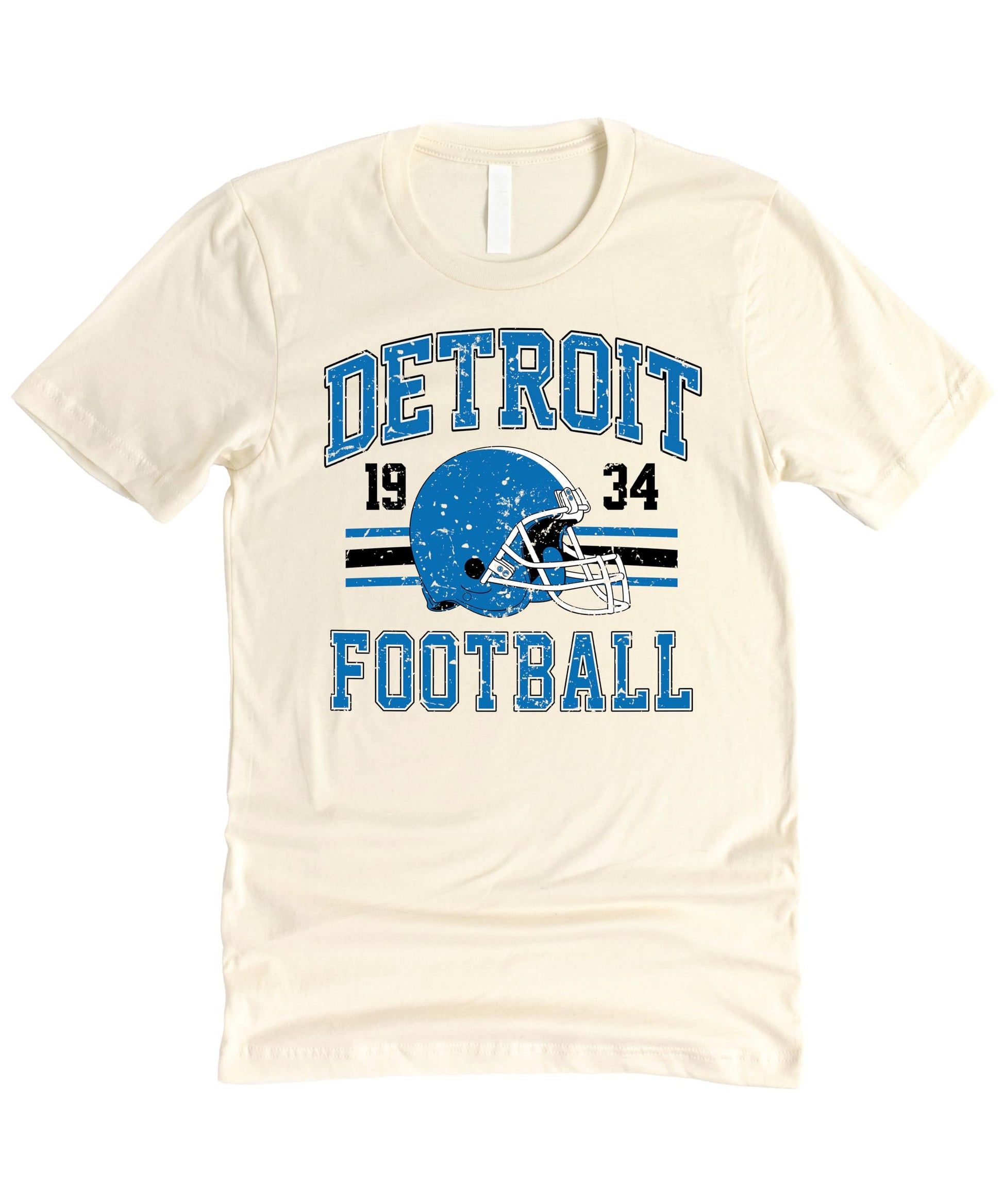 Full front view of unisex vintage Detroit football graphic tee showing complete 1934 design in team colors