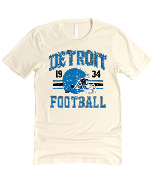 Full front view of unisex vintage Detroit football graphic tee showing complete 1934 design in team colors