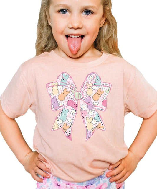 Toddler Easter shirt featuring giant pastel bow graphic in pink and soft spring colors
