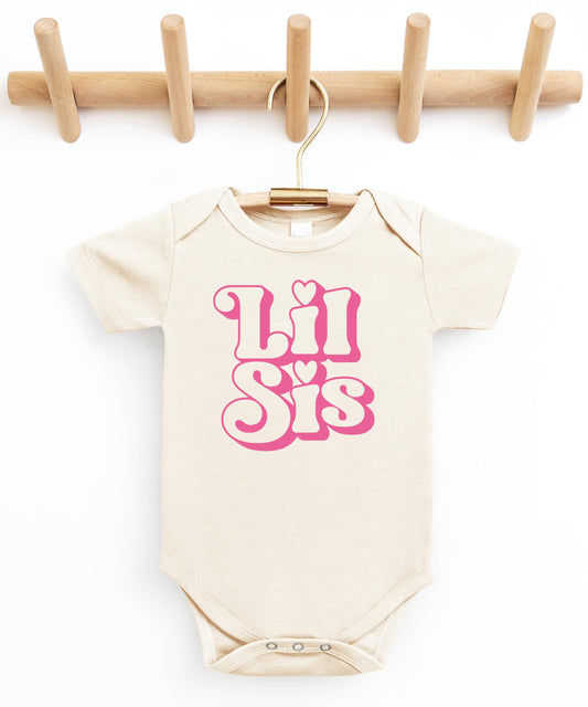 Lil Sis newborn bodysuit displayed as a baby shower gift option for little sister announcement