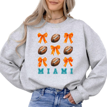 Miami Football Sweatshirt for Women Orange Bows and Footballs Game Day Pullover