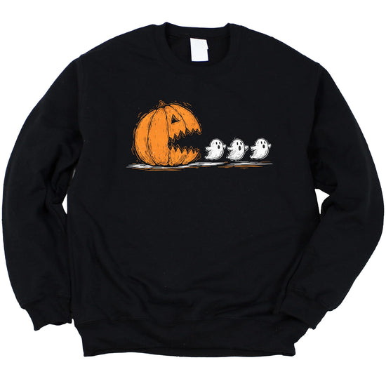 Kids Halloween sweatshirt featuring a fun carved pumpkin and ghost graphic print