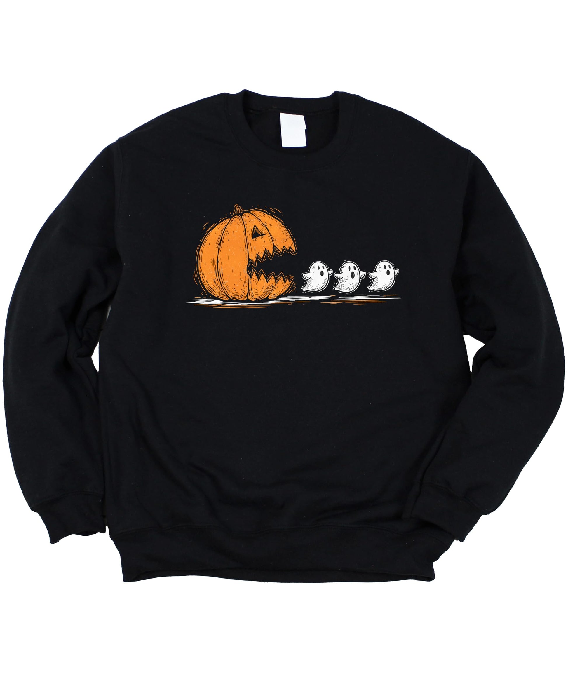 Kids Halloween sweatshirt featuring a fun carved pumpkin and ghost graphic print