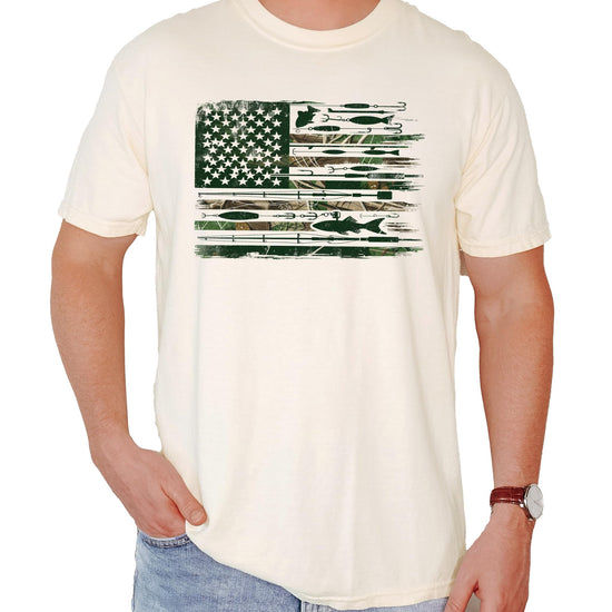 Flat lay of ivory men's fishing patriotic graphic tee with American flag fisherman design
