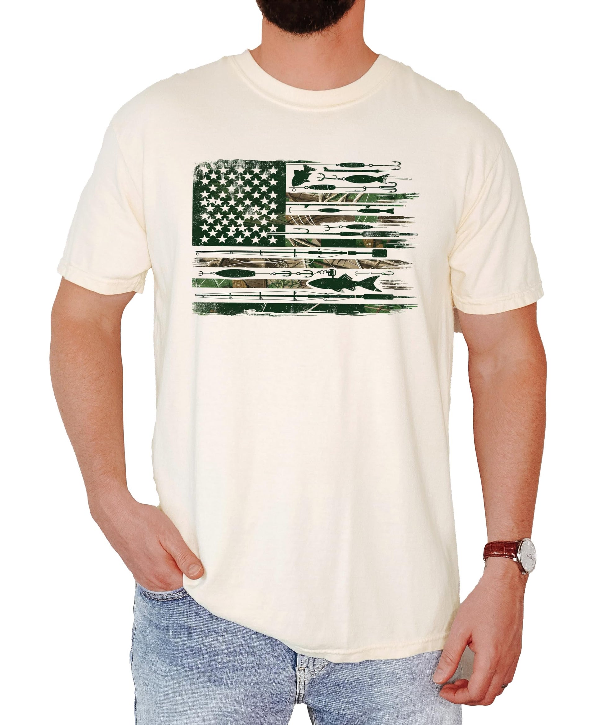 Flat lay of ivory men's fishing patriotic graphic tee with American flag fisherman design