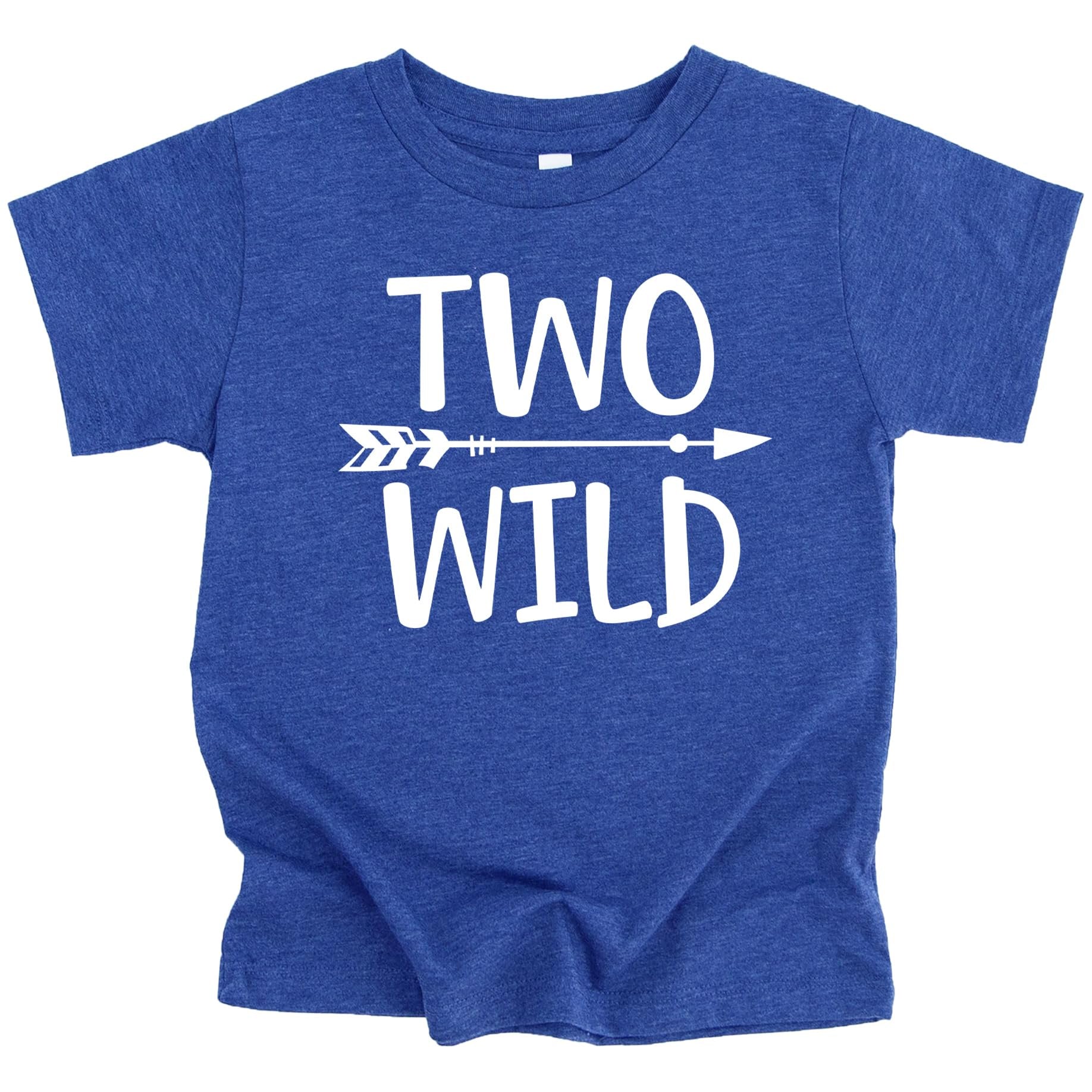 Toddler boy wearing a Two Wild 2nd birthday graphic tee from Olive Loves Apple