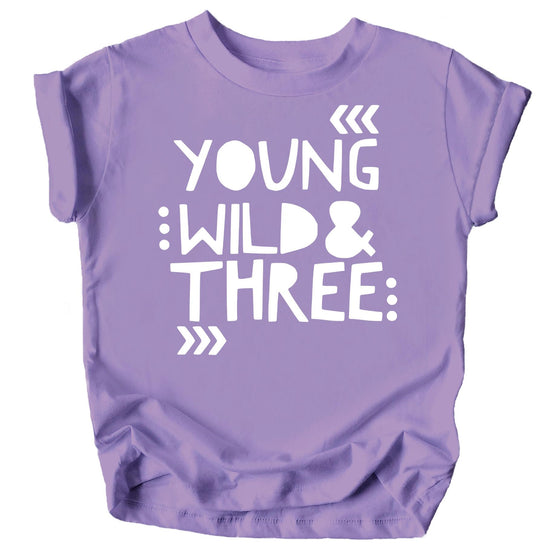 Close-up of Young Wild and Three graphic design on peach toddler shirt