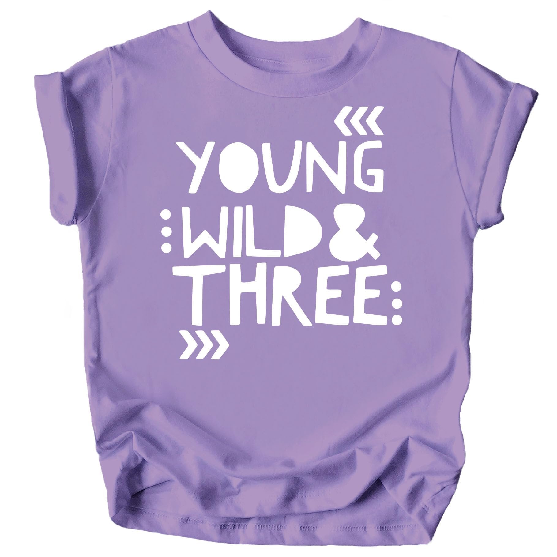 Close-up of Young Wild and Three graphic design on peach toddler shirt