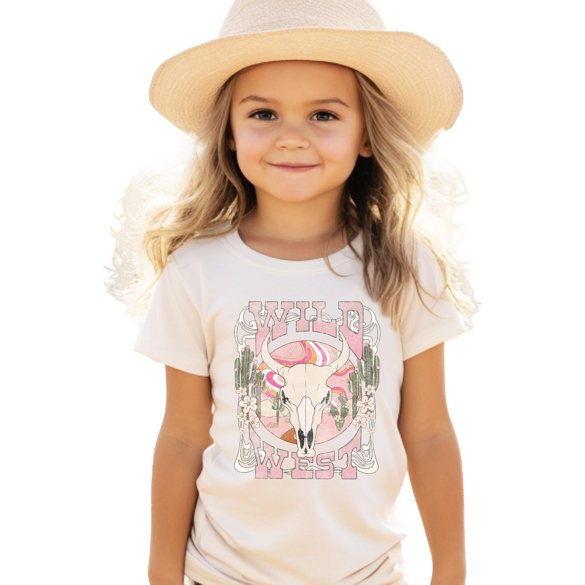 Front view of Wild West Western graphic tee for girls featuring colorful desert and cowgirl steer skull print