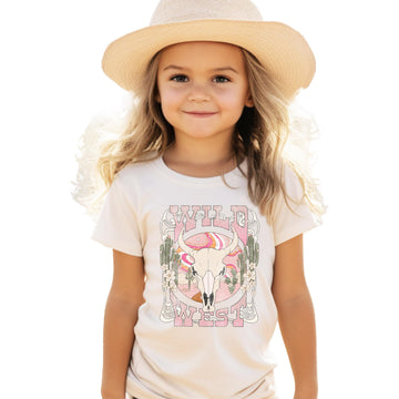 Front view of Wild West Western graphic tee for girls featuring colorful desert and cowgirl steer skull print