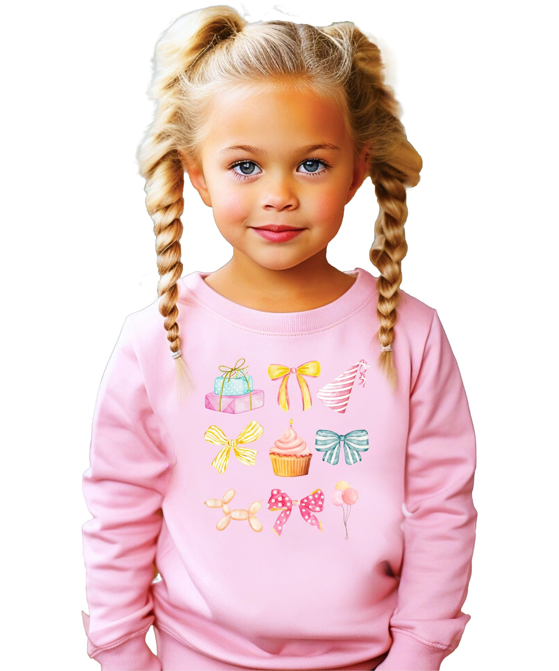 Toddler in pink pastel birthday sweatshirt with girly coquette party print