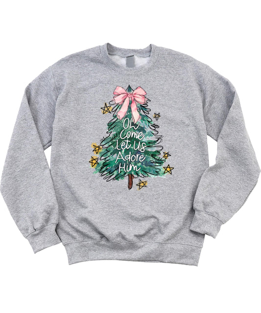 Christmas Tree with Pink Bow Topper Sweatshirt Oh Come Let Us Adore Him Pullover