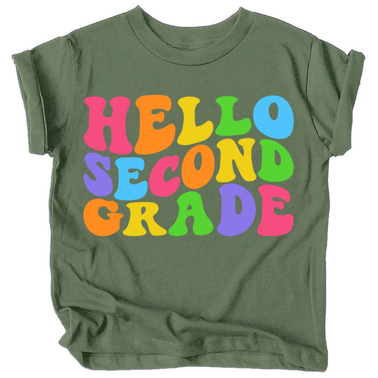 Child-sized purple back to school graphic tee laid flat showing full print