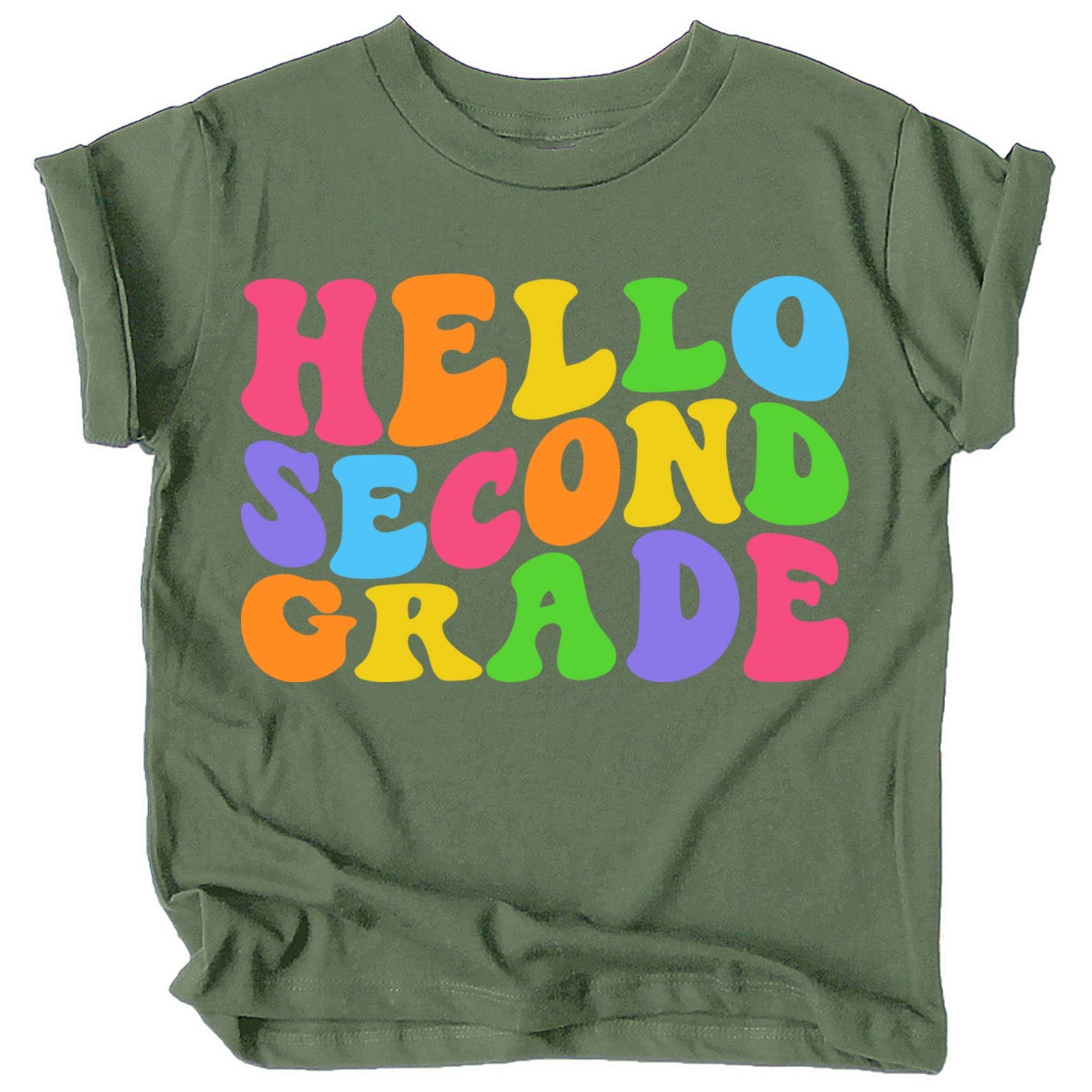 Child-sized purple back to school graphic tee laid flat showing full print