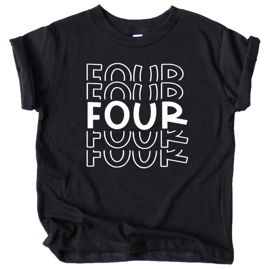 Purple fourth birthday outfit shirt for toddler girls and boys laid flat