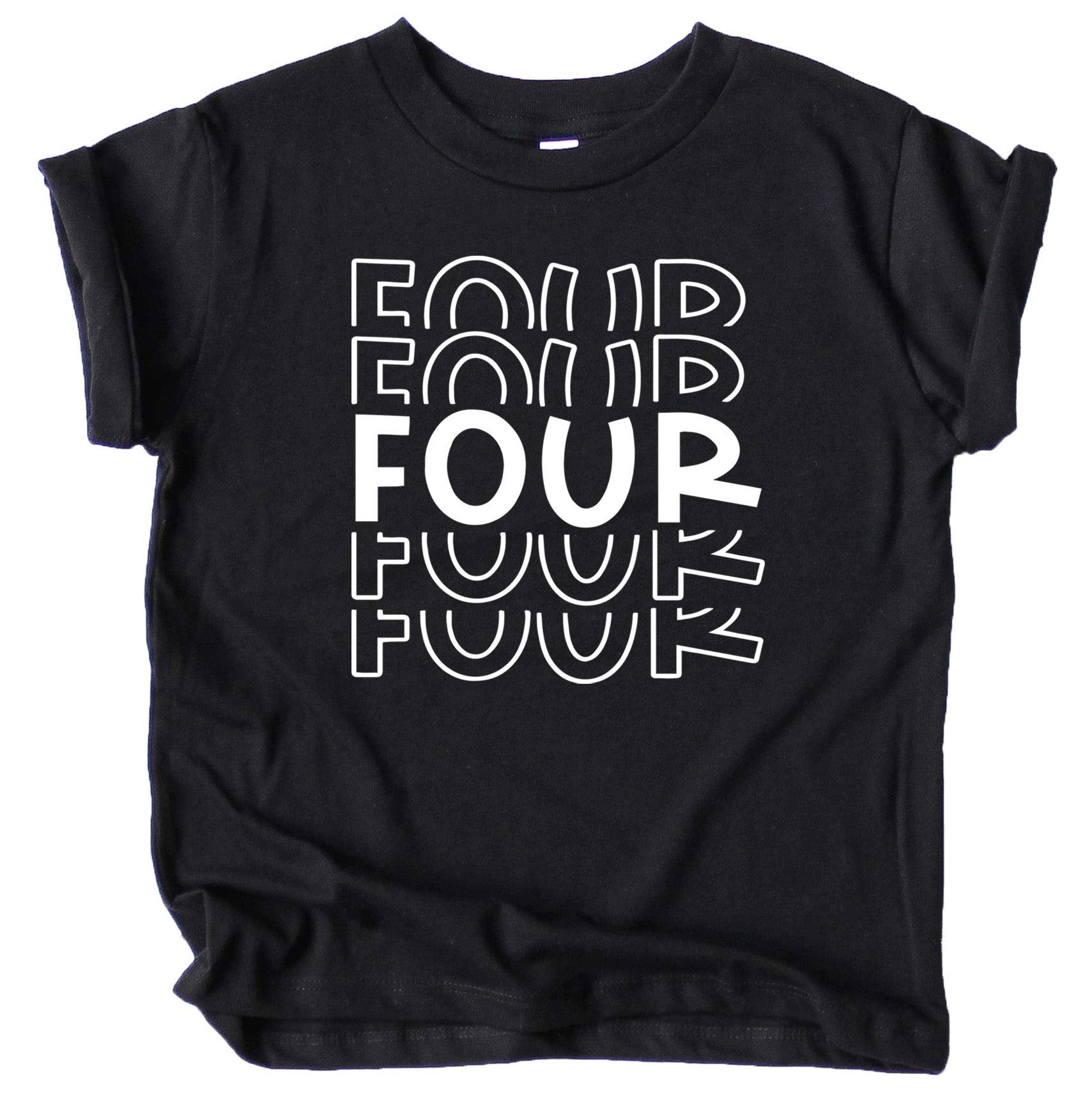 Purple fourth birthday outfit shirt for toddler girls and boys laid flat