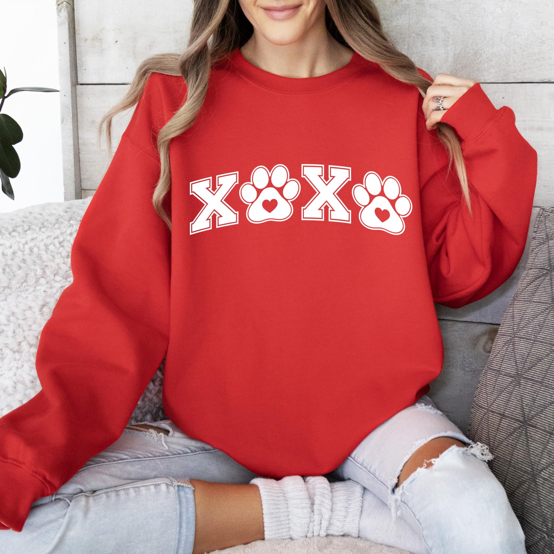 Dog mom cat mom Valentine's Day sweatshirt with heart pawprint graphic