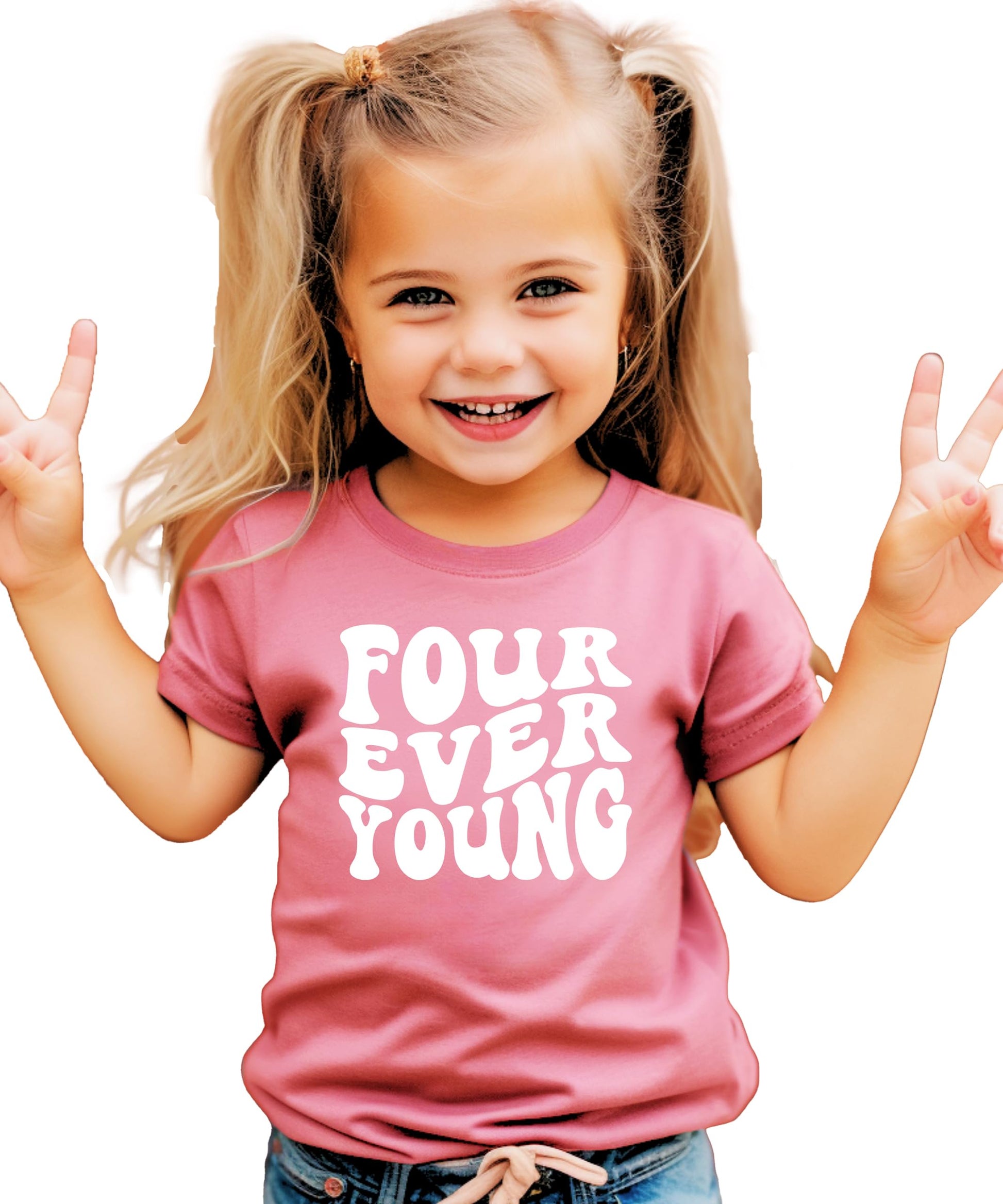 Flat lay of groovy retro Four Ever Young kids' birthday t-shirt