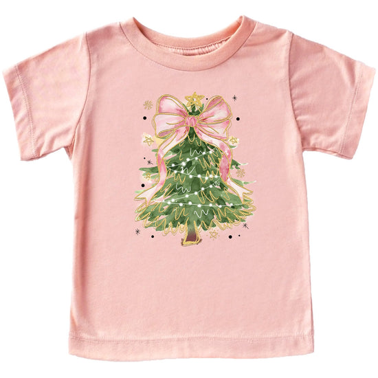 Front view of Christmas tree pink bow graphic holiday shirt for women and girls