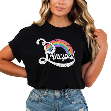 Women's black graphic tee with colorful rainbow principal design for first and last day of school