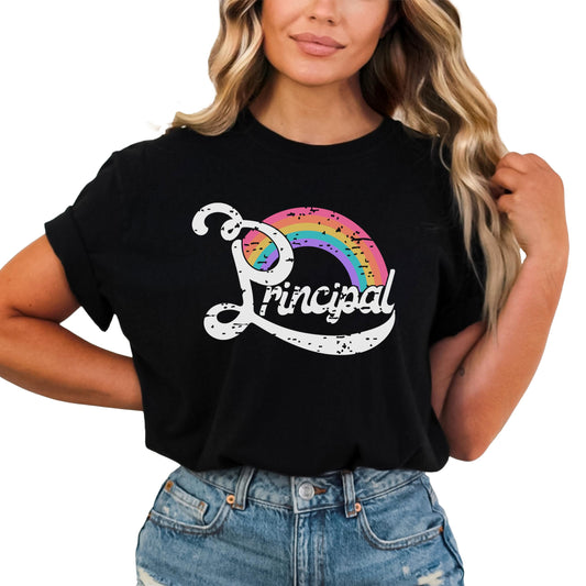 Women's black graphic tee with colorful rainbow principal design for first and last day of school