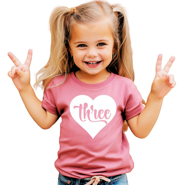 Three in Heart birthday shirt for toddler girls shown in multiple size options