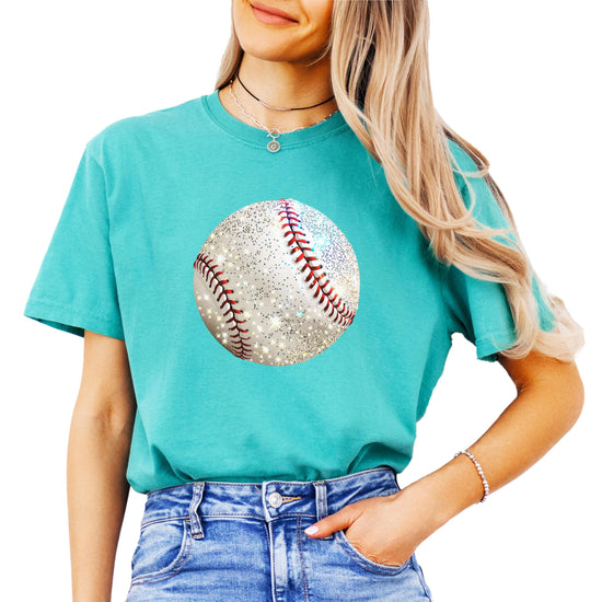 Back view of girly glitter baseball oversized shirt in seafoam green