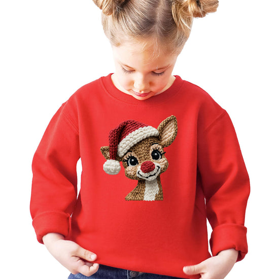 Front view of Christmas reindeer graphic sweatshirt with red nose detail on white fabric