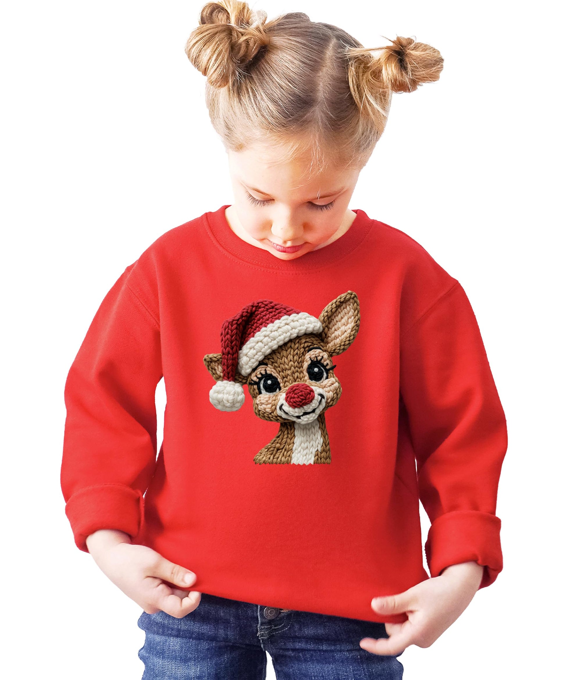 Front view of Christmas reindeer graphic sweatshirt with red nose detail on white fabric
