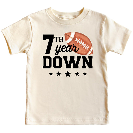 7th Year Down Football Shirt for 7 Year Old Sports Theme Seventh Birthday Party Tee