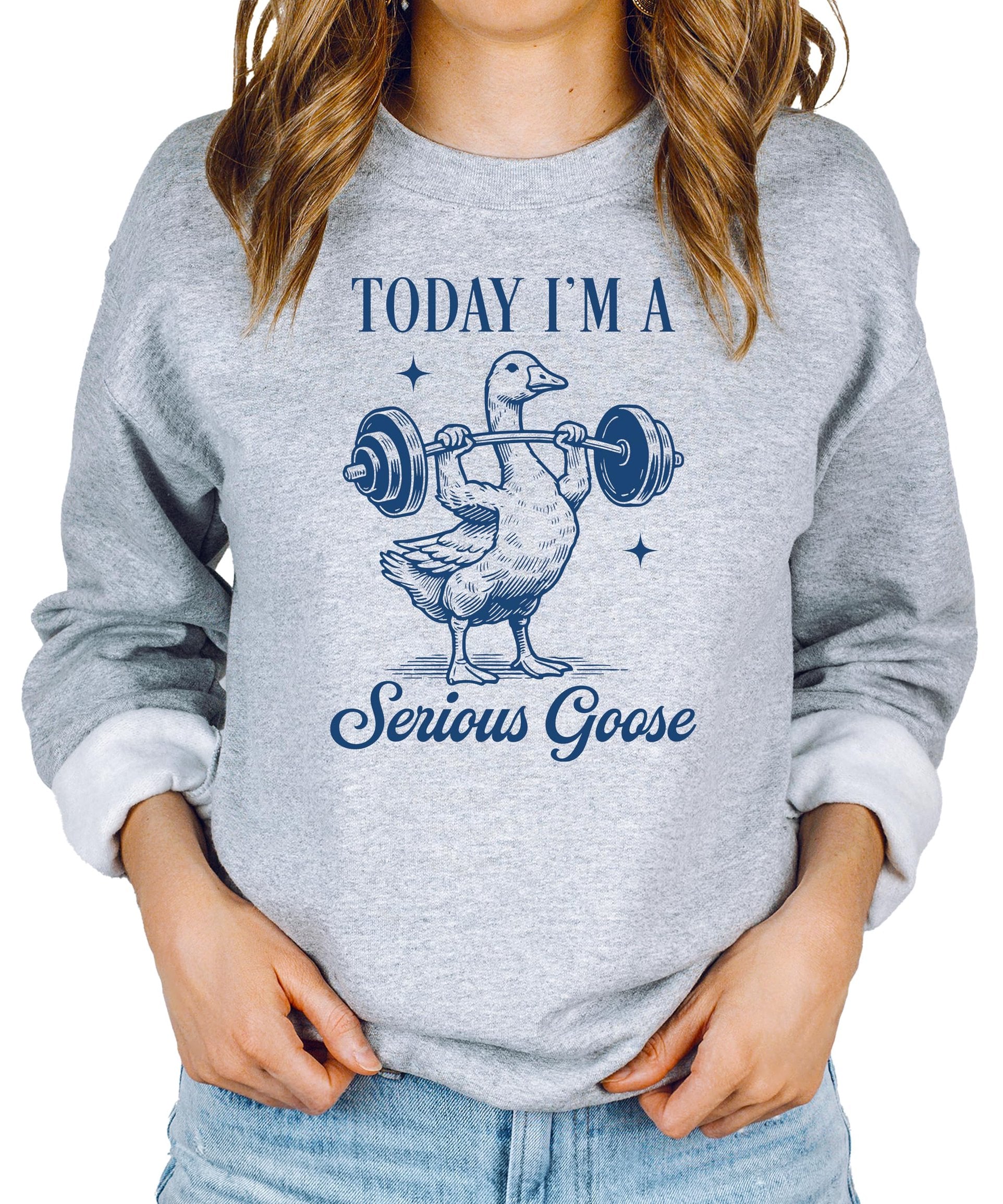 Black fitness humor sweatshirt with jacked goose graphic perfect for gym wear