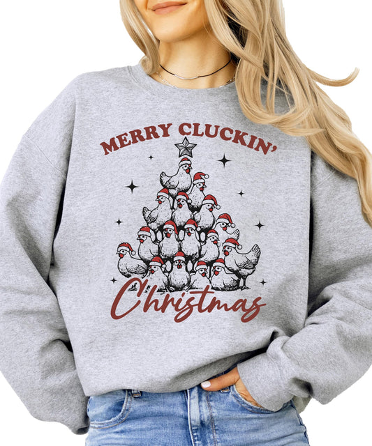 Front view of Merry Cluckin' Christmas sweatshirt showing chickens in Santa hats arranged as a Christmas tree