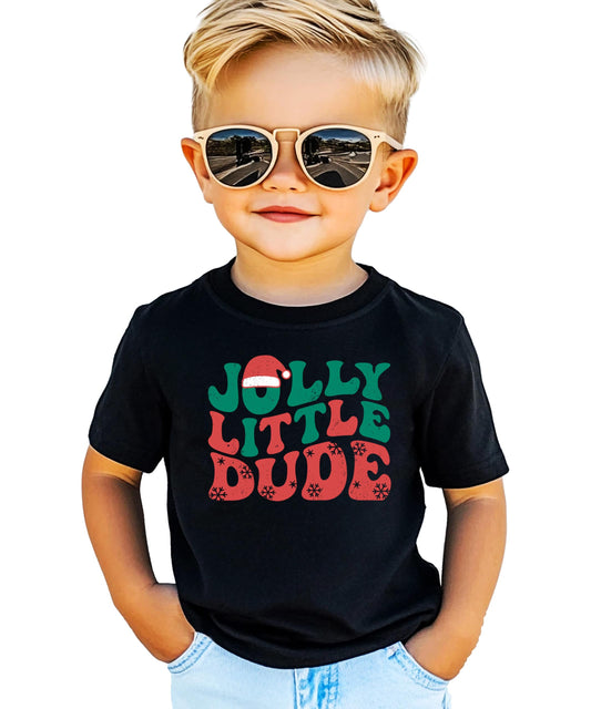 Front view of boys festive black Christmas shirt with Jolly Little Dude snowflake graphic