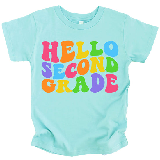 Hello 2nd Grade shirt front detail showing colorful wavy text design in purple