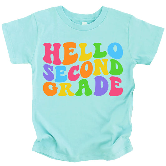 Hello 2nd Grade shirt front detail showing colorful wavy text design in purple