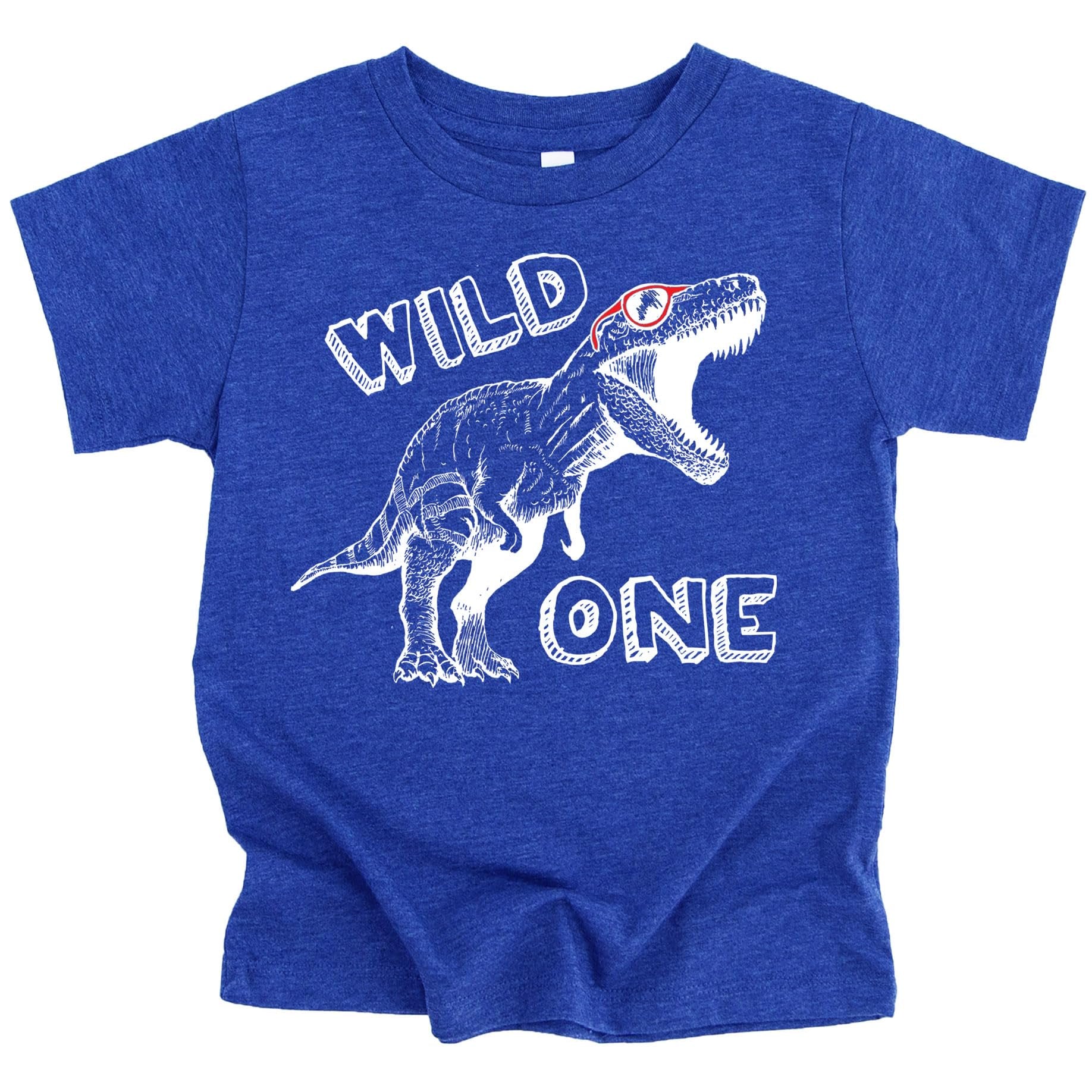 Close-up of Wild One dinosaur graphic print on mauve baby t-shirt showing design details
