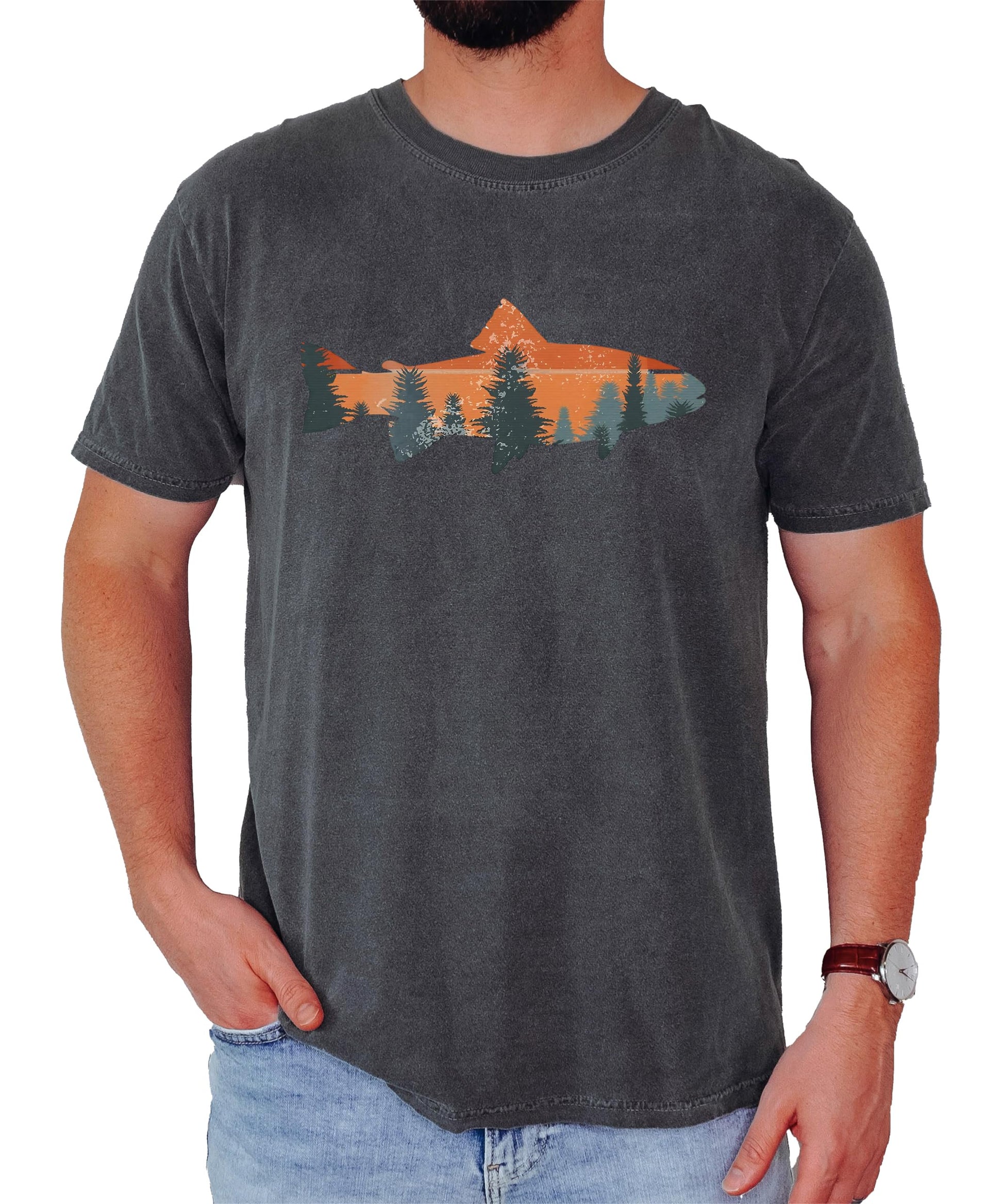 Back view of seafoam trout fishing graphic t-shirt showing design placement