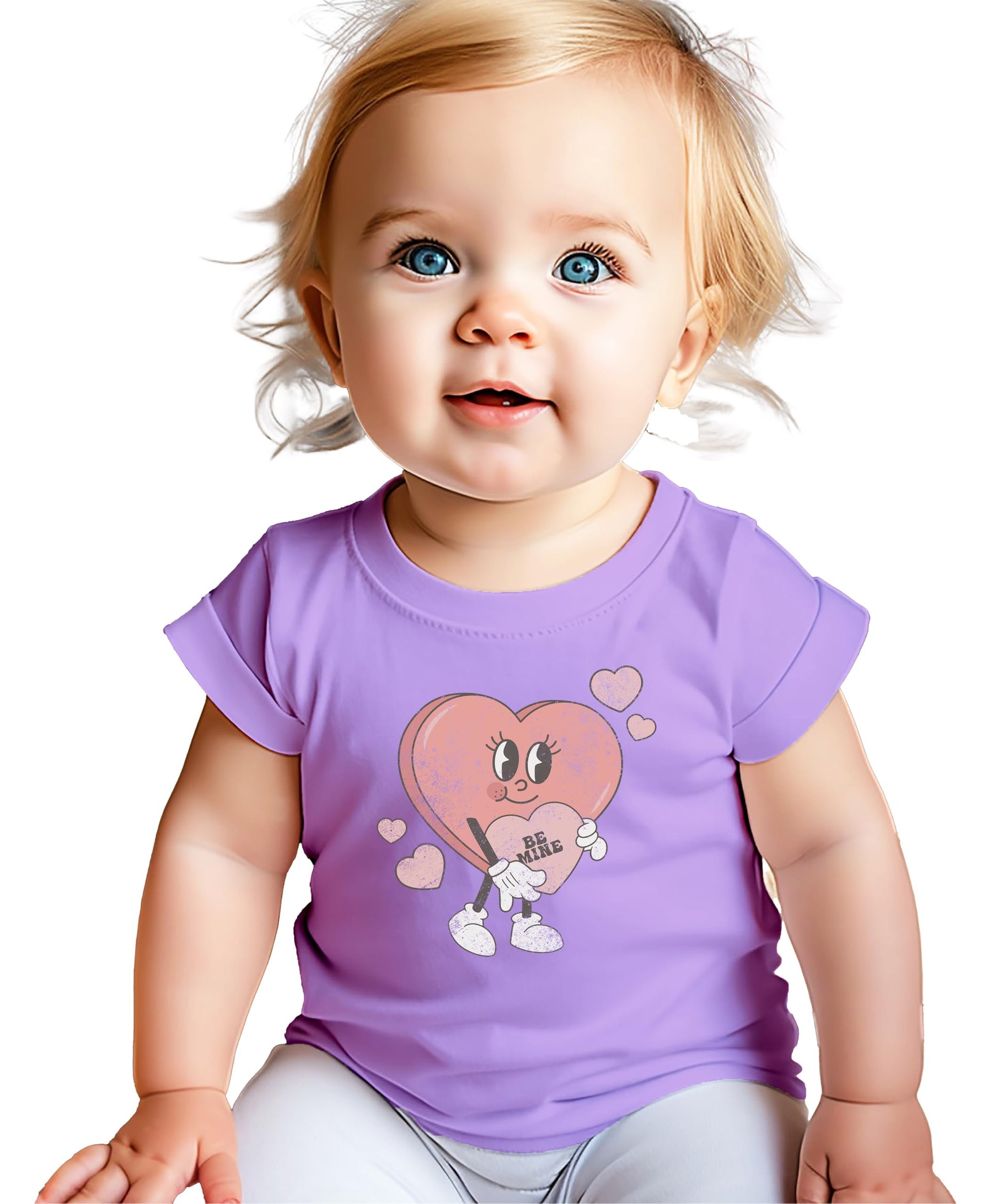Close-up of Be Mine heart print on pink Valentine's Day shirt for kids