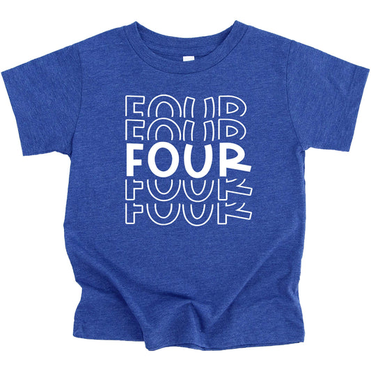 Bold 4th birthday explosion graphic tee for girls and boys in purple on white background