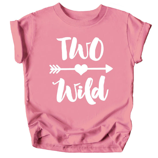 Two Wild birthday shirt for toddler girls, white design on mauve fabric, flat lay