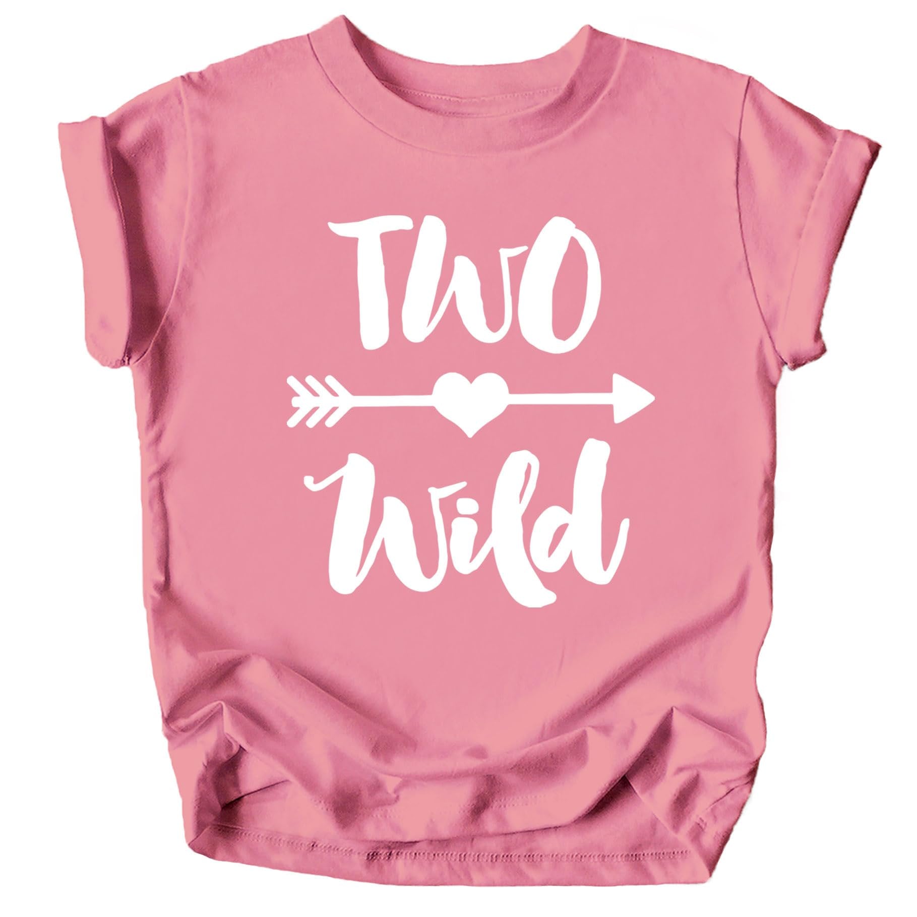 Two Wild birthday shirt for toddler girls, white design on mauve fabric, flat lay