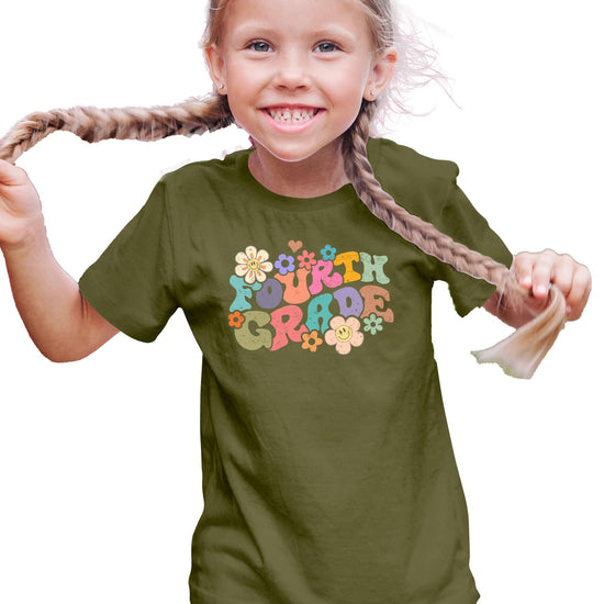 Back view of 4th grade groovy daisy school t-shirt showing design placement