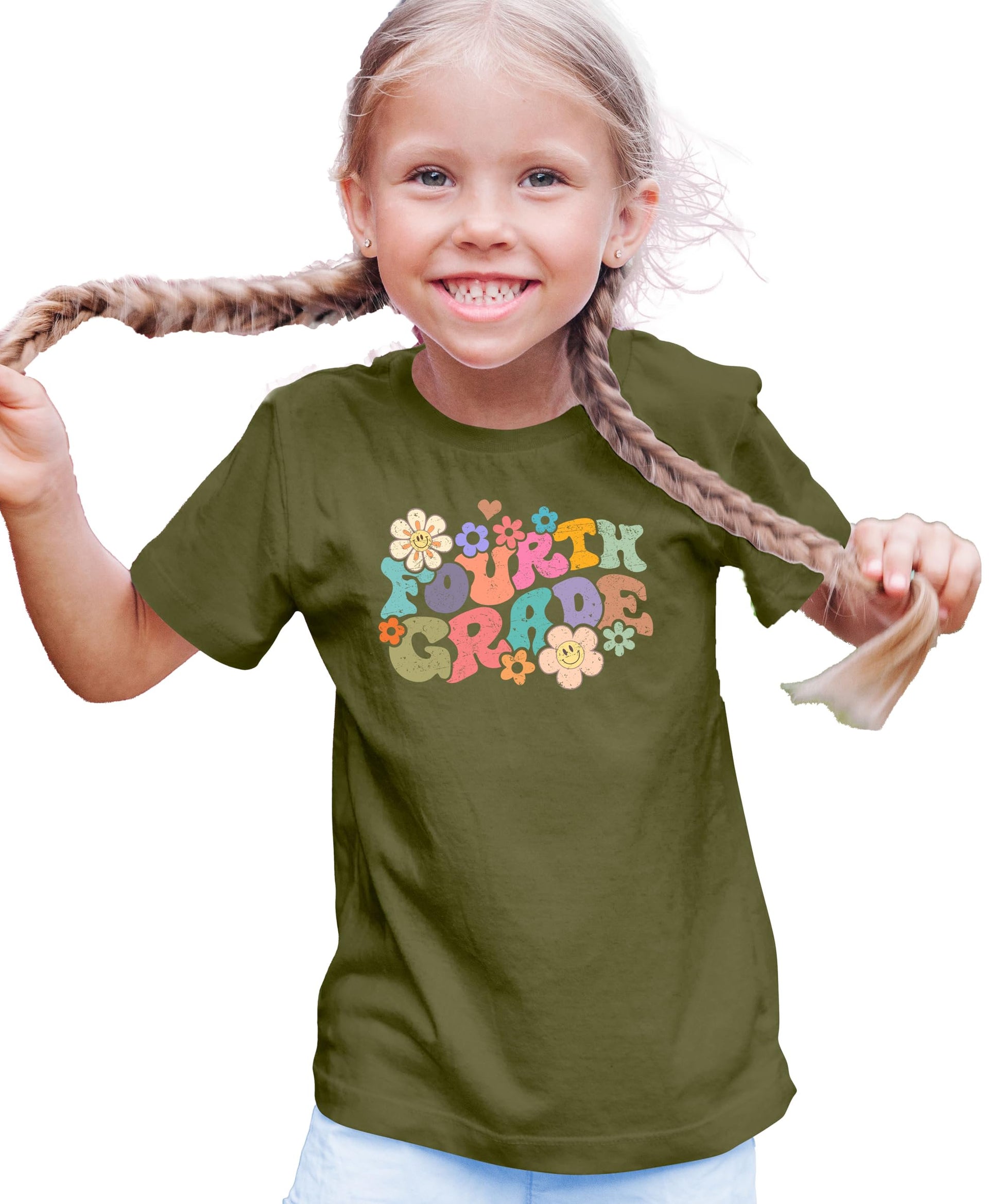 Back view of 4th grade groovy daisy school t-shirt showing design placement