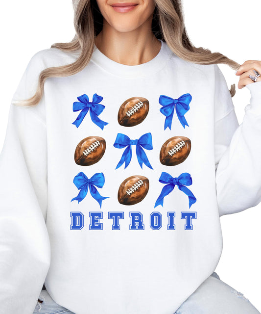 Detroit Football Sweatshirt for Women Teens and Kids Footballs and Blue Coquette Bows Pullover