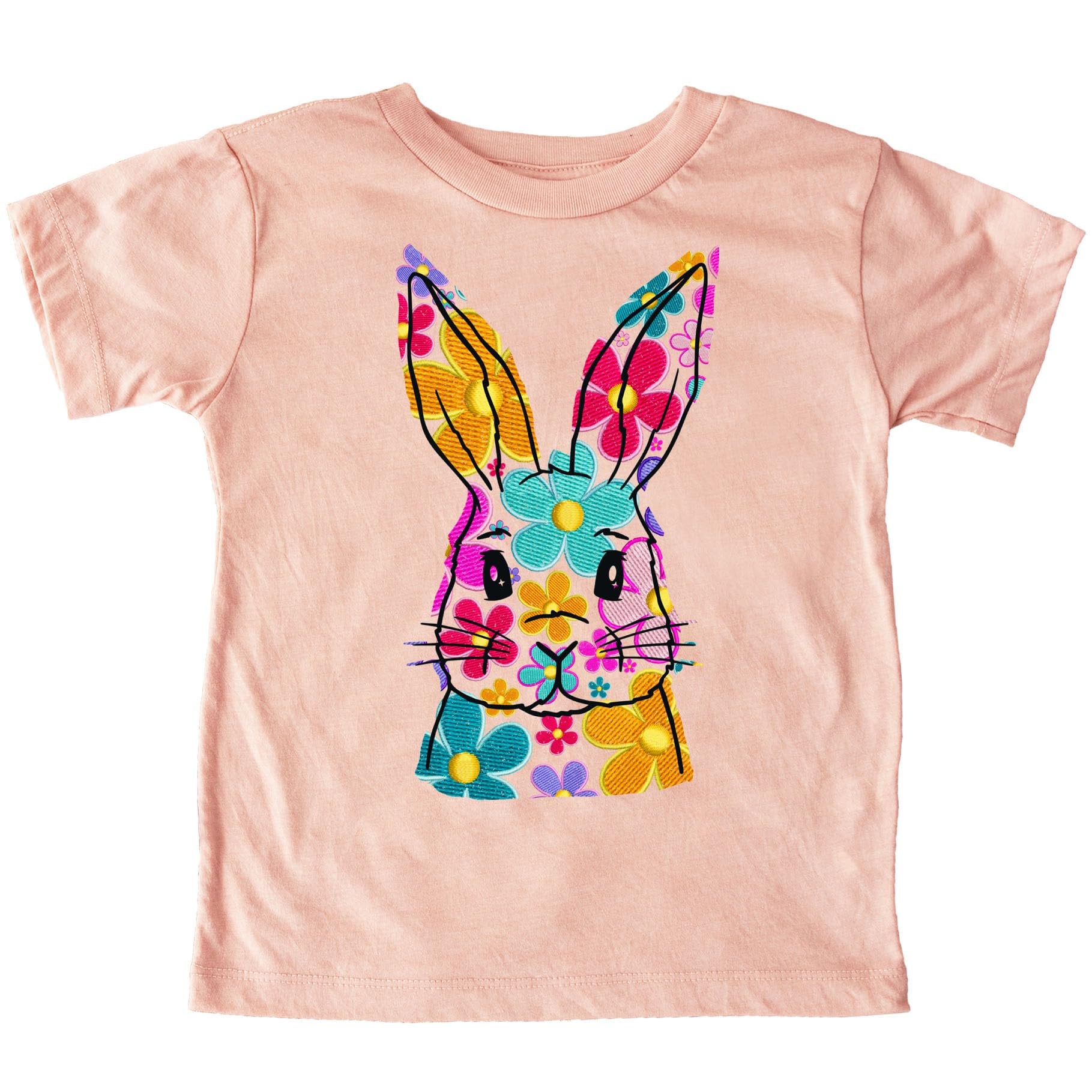 Girls peach Easter shirt with colorful floral bunny graphic print, youth sizes